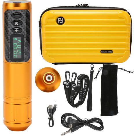 Kit de stylo tatouage rotatif sans fil 2-en-1, avec cartouches d'aiguilles, affichage OLED, course 3,5 mm, batterie 1800mAh, machine à tatouer dorée (1/5)