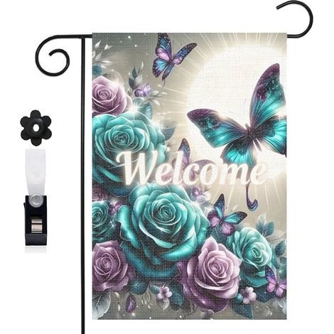 Drapeau de jardin ambiance mystérieuse et papillons bleus 30 x 45 cm décoration porche et entrée (1/5)