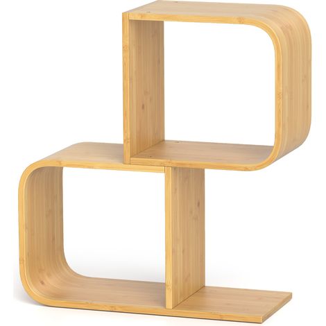 Bibliothèque en bambou 2 niveaux, étagère en S avec 2 cubes ouverts, gain de place pour salon ou bureau (1/5)