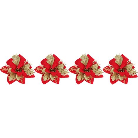 4 künstliche, goldrote Weihnachtssternblüten mit Glitzer und Goldpuder (1/5)