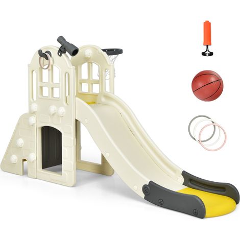 Scivolo grande per bambini 6 in 1 con canestro palla lancio dell'anello e cannocchiale, Set da gioco Giallo (1/4)