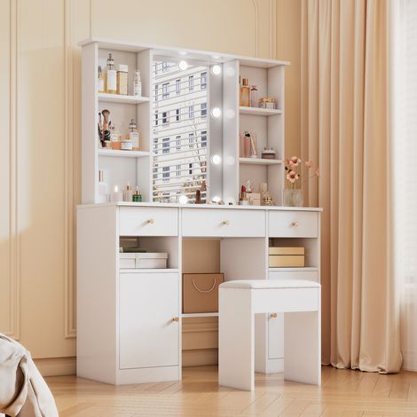 Coiffeuse blanc avec miroir, éclairage LED réglable, 3 tiroirs 2 portes, panneau de particules 110x40x151 cm, blanc (1/5)