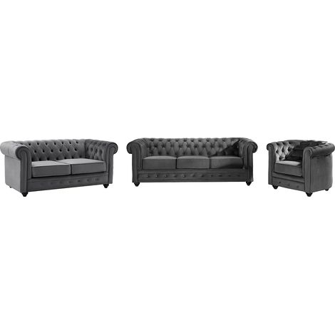 Vente-Unique – Canapé chesterfield 3 places en velours anthracite – Assise déhoussable – Confort équilibré – Dimensions 205x88x72cm
