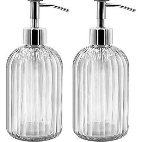 2 packs of refillable glass soap dispensers with hand pumps.