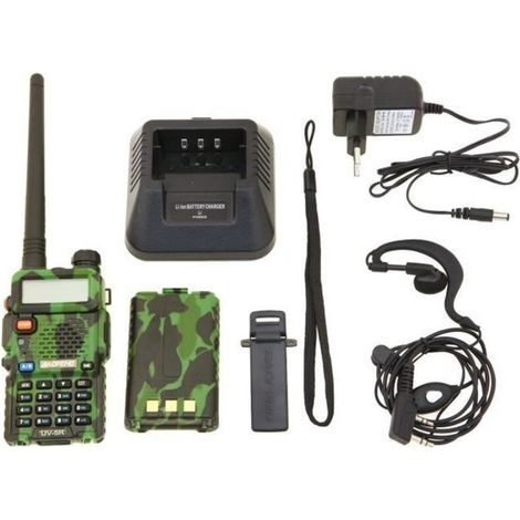 Talkie-walkie UV-5R FM radio VHF/UHF double bande – Affichage LCD, veille, horloge intégrée – Autonomie 12h, portée 10km, casque camouflage (1/5)