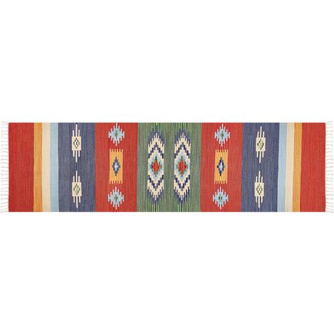 Alfombra kilim de algodón rojo azul verde amarillo 80 x 300 cm a mano geométrico borlas Kamaris