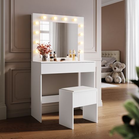 SONNI Schminktisch, Schminkkommode, Frisiertisch, mit Spiegel, 1 Schublade, 1 Hocker, 12 LED-Glühbirnen, Einstellbare Helligkeit, Modern, Weiß