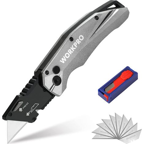 Workpro – Cutter professionnel pliant avec 10 lames SK5 – Mécanisme de changement rapide – Pour coupe précise de papier, plastique, carton, cuir (1/5)