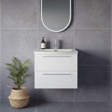 Napoli 390 Gloss White 600mm Wall Mounted 2 Drawer Vanity Unit with Arc Basin - 600mm - Chrome 320mm Handle