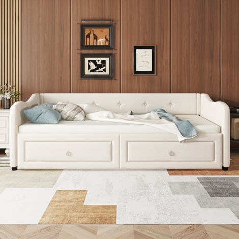 Méridienne 90x200cm avec lit gigogne, canapé-lit avec deux tiroirs, lit simple (sans matelas), linge de maison, style minimaliste, beige (1/5)