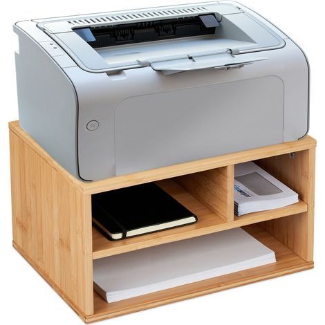 Support Imprimante Pour Bureau, 3 Compartiments, Rangement, Hxlxp: 22 X 40 X 30 Cm, Organiseur Bambou, Nature (1/4)