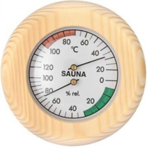 Condizionatore d'aria per sauna, igrometro per sauna, termometro per sauna, regolabile manualmente, misuratore di temperatura e umidità 2 in 1 per sauna, in legno elegante, diametro 13,5 cm.