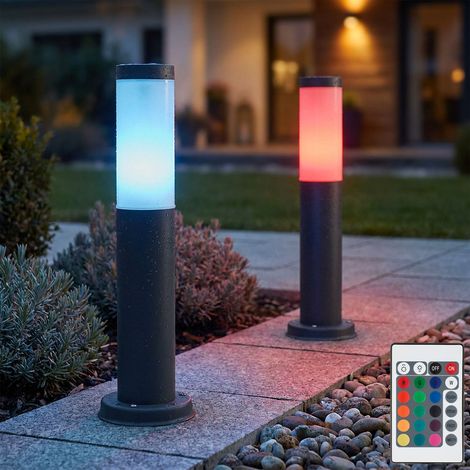 LED Außenstehlampe Sockelleuchte  Gartenlampe dimmbar mit Fernbedienung, RGB Farbwechsel, Edelstahl anthrazit, 8,5W 806lm warmweiß, DxH 7,6x45 cm,2er (1/5)