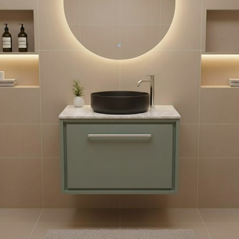 Hudson Reed Lille Wall Hung 1-Drawer Vanity Unit with White Marble Worktop 600mm Wide - Fern Green (1/4)