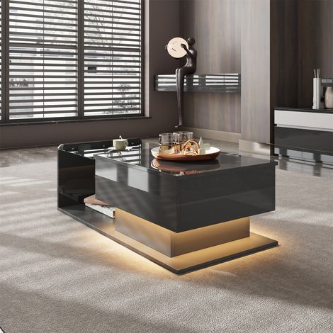Table basse noir laqué, table d'appoint avec effet LED, plateau en verre, meuble salon design, 1 pièce (1/5)