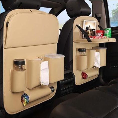 Kinder-Auto-Organizer, Autositz-Rückenlehnenschutz mit faltbarem Tablett, wasserdichter Kinder-Autositzschutz aus PU-Leder, mit 4 Taschen, transparente Tablettaschen (Beige) (1/5)