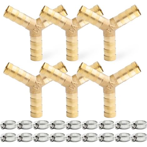 Lot de 6 raccords cannelés pour tuyau, connecteur cannelé en laiton à 3 voies en forme de Y de 8 mm avec 18 pinces