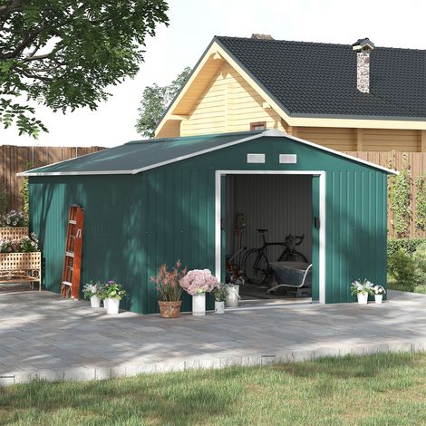 Abri de jardin de 12,4 m², toit pentu, porte coulissante, fondations, 340 x 386 x 200 cm, en acier galvanisé, résistant aux intempéries, pour le jardin, vert foncé (1/4)