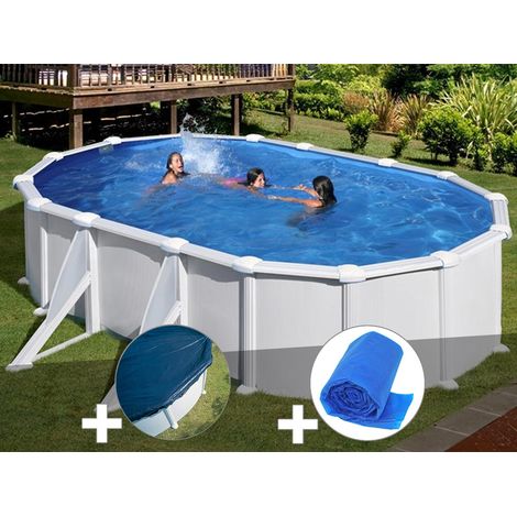 Kit piscine acier blanc Gré Atlantis ovale 5,27 x 3,27 x 1,32 m + Bâche hiver + Bâche à bulles