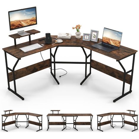 Scrivania angolare L con presa elettrica supporto monitor 225cm Marrone Rustico (1/5)