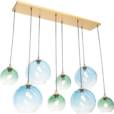 QAZQA Lampada a sospensione grande sandra - Art déco - Vetro,Acciaio - Blu/Verde/Ottone - Oblungo Max. 8 x Watt