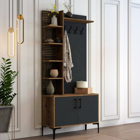 Dmora – Meuble d'entrée multifonction 90x35x200 cm – Panneau mélaminé et métal – Rangement design pour vestes et accessoires – Noyer et anthracite - 90x35h200 (1/5)