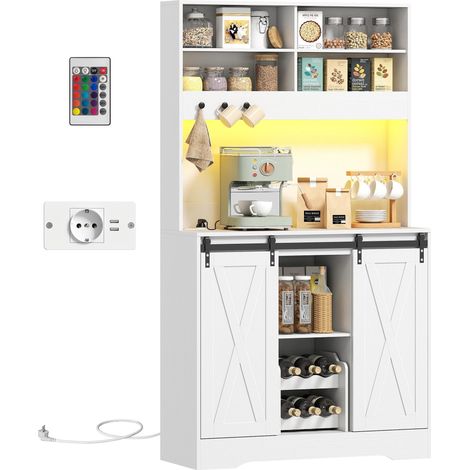 Buffet de cuisine avec prises électriques, éclairage LED, porte-bouteilles et portes coulissantes, 100 x 38 x 180 cm, blanc (1/5)