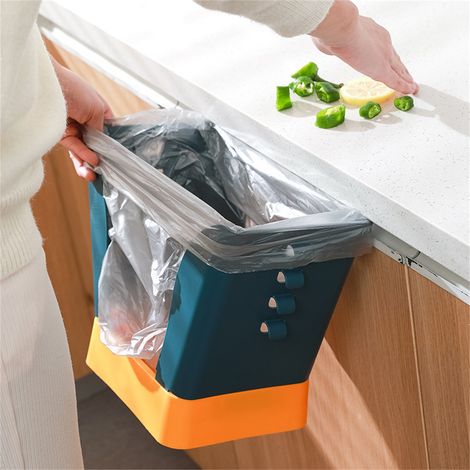 Poubelle en plastique extensible avec support pour sac poubelle, grande capacité, pour cuisine et salle de bain, bleu et jaune. (1/5)