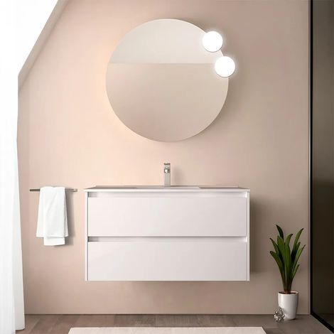 Mobile bagno sospeso 90 cm bianco lucido con specchio e lavabo Gaya (1/5)