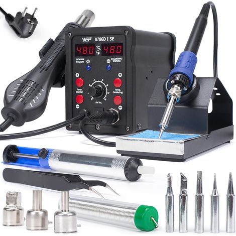 8786D-I SE Kit station de soudage à air chaud 2-en-1 pour réparation, désoudage avec fil de soudure sans plomb, 5 pointes de soudure, 3 bouches d'air chaud, pince, pompe à dé-souder (EU Plug) (1/5)