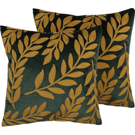 Conjunto de cojines decorativos en terciopelo verde con hojas 45 x 45 cm estampado floral decoración moderna retro Mistletoe (1/5)