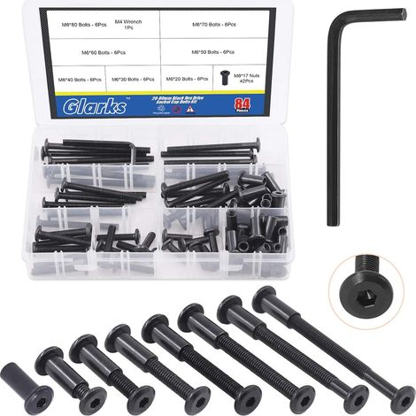 Lot de 85 vis à six pans creux M6 x 20 30 40 50 60 70 80 mm noires, vis à tête fraisée à six pans creux, vis à tête fraisée, écrous, vis avec une clé Allen pour chaise, table, armoires (1/5)