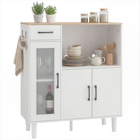 KOEM Buffet, enfilade, Rangement 3 portes, blanc et chêne, 80 cm - Réf. 9TQPMH3OANWA (1/5)