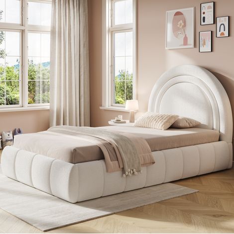 Lit enfant 90 x 200 cm avec rangement hydraulique, tête de lit, bouclé beige, REDOM (1/5)