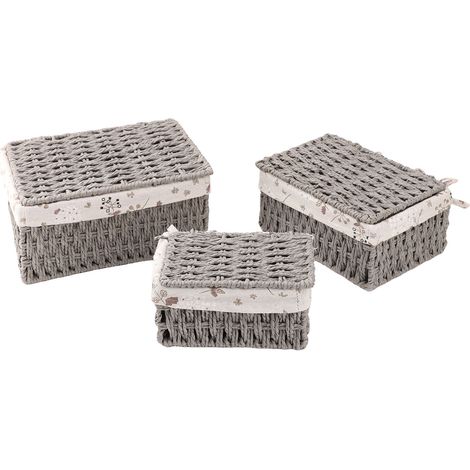 Lot de 3 paniers de rangement tressés multifonctionnels avec doublure en tissu, gris, pour chambre, salon ou table de chevet. (1/4)