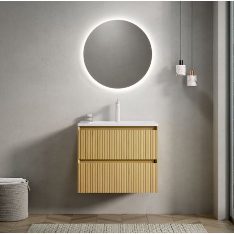 Mueble de baño suspendido 61 cm moderno, lavabo integrado de cerámica blanca, 2 cajones soft-close, roble dorado (1/5)