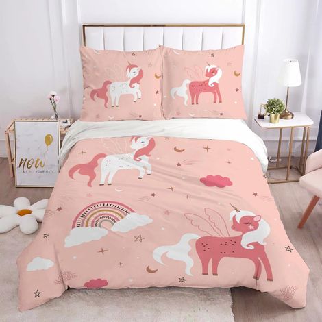Housse de Couette 200x200 avec 2 Taies 65x65 - Parure de Lit Licorne Rose pour Fille - Ensemble 3 Pièces en Microfibre Douce, Motif 3D Féerique (1/5)