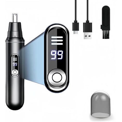 Wiederaufladbarer Nasenhaartrimmer mit USB-Anschluss – 2-in-1-Gesichtshaarentferner mit Edelstahlklingen, wasserdichtem LED-Display (IPX7), 120 Minuten Akkulaufzeit – Schwarz