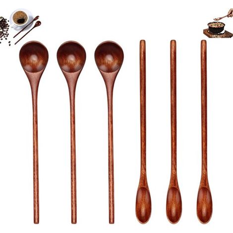 Lot de 6 cuillères en bois de style japonais - cuillères à soupe en bambou - cuillères à long manche vintage - cuillères à mélanger - cuillères à café en bois - petites cuillères en bois couleur bois (1/5)