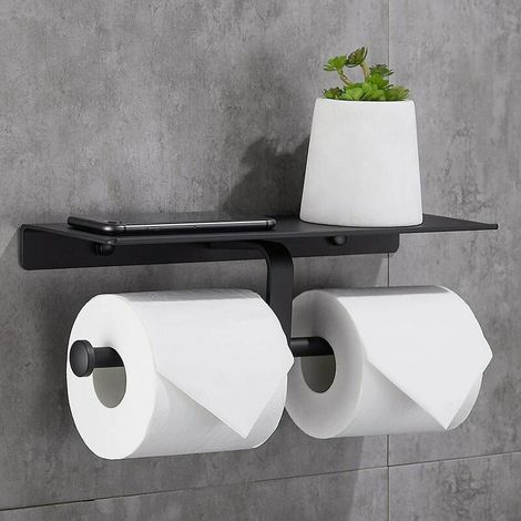 royaluxe - Porte Rouleau de Papier Toilette Hygiénique sans Perçage avec Etagère de Téléphone Portable Support Mural Double pour Salle de Bains (Noir) (1/5)