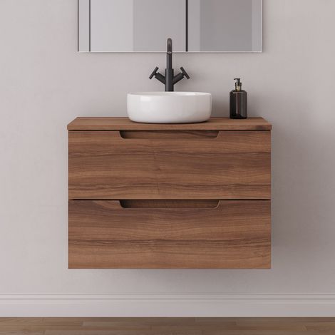 Meuble de salle de bain 70cm avec plateau et vasque à poser ronde - 2 tiroirs - sans miroir - noyer (bois foncé) - SONRIZA (1/5)