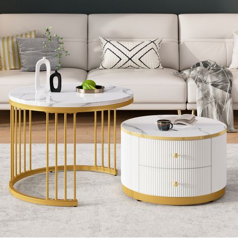 Lot de 2 tables basses gigognes rondes 60x60x45,5 et 50x50x32 cm blanches avec 2 tiroirs MDF MEUBLIV (1/5)