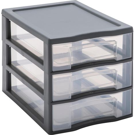 tour de rangement plastique A4, 3 tiroirs, gris  Hauteur 19 cm, superposable, idéale rangement bureau, cours, documents, fournitures (1/5)