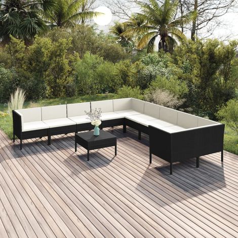11-tlg. Garten-Lounge-Set mit Auflagen Poly Rattan Schwarz (1/5)