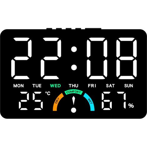 Réveil numérique LED avec affichage de la température et de l'humidité, grand écran, fixation murale ou sur pied, multifonction Gh9007, boîtier noir, éclairage blanc (1/5)