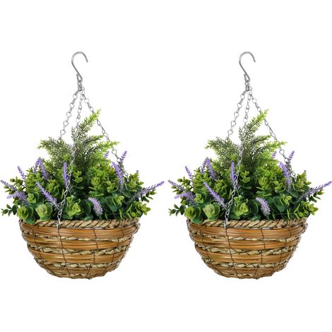 Set of Two Artificial Hanging Lavender Flower Pots - Purple