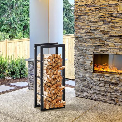 Range bûches Etagère porte bois de cheminée porte-bûches intérieur et extérieur charge max. 100 Kg dim. 40L x 25l x 100H cm métal noir