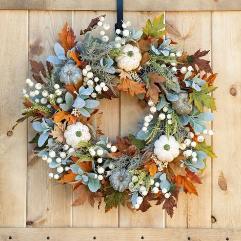 Couronne d'automne verte, décoration de porte automnale, feuille de citrouille en automne