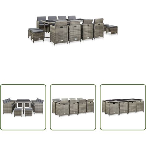 vidaXL Rotin synthétique - Ensemble à manger d'extérieur 13pcs et coussins poly rotin Gris (1/5)