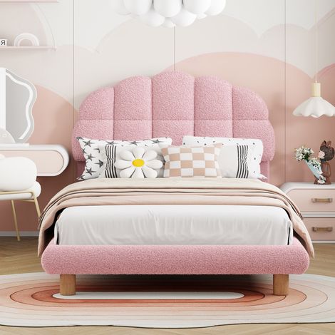 Cama individual 90x200cm con cabecero semicircular de borreguito, somier de láminas de madera, apta para niños y adolescentes, Rosa (1/5)